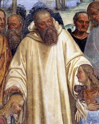 Święty Benedykt przyjmuje dwóch młodych Rzymian, Maurusa i Placyda. Fragment fresku krużgankowego Antonia Bazziego, zwanego Il Sodoma (1477-1549), przedstawiającego życie świętego Benedykta z Nursji (480-567)