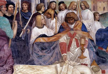 Św. Benedykt niesie ciało Chrystusa na ciele mnicha, którego ziemia nie chce pochować Szczegółowy fresk klozetu zrealizowany przez Antonio Bazzi dit il Sodoma (1477 - 1549) opowiadający o życiu założyciela św. Benedykta z Nursie (480 - 567) Zakonu
