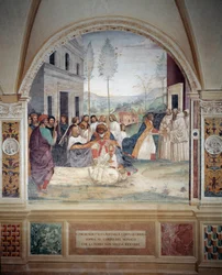 Św. Benedykt niesie ciało Chrystusa na ciele mnicha, którego ziemia odmawia zakopania fresku chrustu wykonanego przez Antonio Bazzi dit il Sodoma (1477 - 1549) opowiadającego o życiu św. Benedykta z Nursie (480 - 567) założyciela Zakon Benedykta