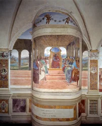 Św. Benedykt opuszcza szkołę rzymską fresk klasztoru wykonany przez Antonio Bazzi dit il Sodoma (1477 - 1549) opowiadający o życiu św. Benedykta z Nursji (480 - 567) założyciela Zakonu Benedyktynów 1503 - 1508 Opactwo Monte Oliveto Maggiore ,