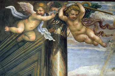 Sala delle Nozze di Alessandro e Rossana Sala ślubu Aleksandra Wielkiego 356-323 pne i detal Roxanne z dwoma latającymi puttami, fresk ok. 1513 z 107224