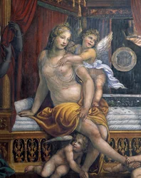 Sala delle Nozze di Alessandro e Rossana Sala ślubu Aleksandra Wielkiego 356-323 pne i Roxanne detal Roxanne siedzącej na swoim łóżku, ok. 1513 fresk z 107228