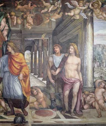 Sala delle Nozze di Alessandro e Rossana Sala ślubu Aleksandra Wielkiego 356-323 pne i Roxanne szczegół Aleksandra i dwóch mężczyzn towarzyszących z puttami powyżej, c.1513 fresk z 10