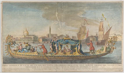 Bogato zdobiona pierwsza gondola Ambasadora Giovanniego Battisty Colloreado wjeżdżającego..., 1720-30.