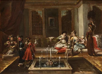 Wnętrze ormiańskie lub scena orientalna par Guardi, Giovanni Antonio (1699-1760). Olej na płótnie, format : 44x61,5