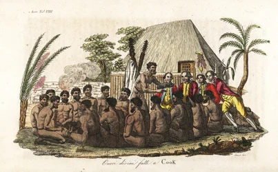 Os nativos havaianos oferecem um porco de sacrifício ao capitão James Cook diante de 12 sacerdotes e um ídolo de madeira na casa sagrada de Orono. Placa de cobre colorida à mão gravada por Sasso após John Webber de Giulio Ferrario