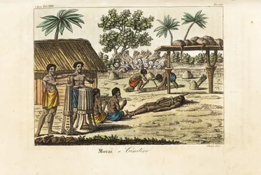 Ofiara z ludzi na świętej marae (Morai) lub cmentarzu na Tahiti. Perkusiści po lewej, uwiązana ofiara i dwóch grabarzy kopiących grób przed stosem ludzkich czaszek i kołczanów ze strzałami. Ręcznie kolorowany miedzioryt grawerowany przez Sasso według Johna