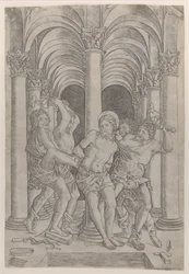 Biczowanie Chrystusa przywiązanego do kolumny pośrodku ustawionej w arkadzie, 1509., 1509.