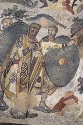 Sztuka rzymska: detal mozaiki „Wielka część myśliwska”. Lord podczas polowania. 315-350 n.e. Piazza Armerina, Villa Romana del Casale. Sycylia, Włochy.