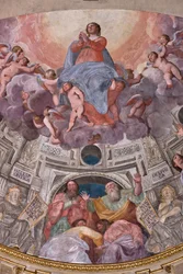 Genua, Duomo (katedra św. Wawrzyńca), wnętrze, kaplica Lercari lub kaplica Najświętszego Sakramentu (absyda północna), apsyda: „Wniebowzięcie Najświętszej Marii Panny”, fresk Giovanniego Battisty Castello znany jako Bergamasco
