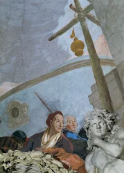 Autoportret przedstawia wyczerpanego, mocno postarzałego Tiepolo, który pochyla się nad narożnym kartuszem... (fresk)
