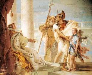 Eneas przedstawia Dydonie Kupidyna przebranego za Askaniusza, autorstwa Giambattisty Tiepola (1696-1770), fresk, Sala Eneidy, Villa Valmarana 