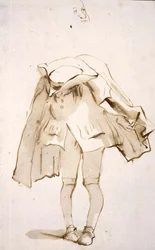 PD.129-1961 Karykatura mężczyzny z pochyloną głową, ewentualnie garbusa (pióro i atrament i płyn)