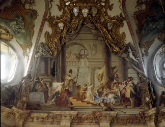 Ślub Beatrycze Burgundii i Fryderyka I Hohenstaufen (1122-1190) znanego jako Fryderyk Barberousse, króla Niemiec i cesarza germańskiego w 1156 Fresco autorstwa Giovanniego Battisty (Giambattisty) Tiepolo (1696-1770). 1752 Pałac w Würzburgu (Würzburg) Ge