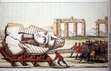 Transport popiersia Memnona nad brzegiem Nilu przez firmę Belzoni. Giovanni Battista (Gianbattista) Belzoni (1778-1823), włoski odkrywca i archeolog, dokonał ważnych odkryć archeologicznych w Egipcie. Grawerowanie - w „” Viaggio in Egitto e