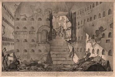 Widok starożytnej komory grobowej odkrytej w 1736 r. w pobliżu Rzymu we Włoszech (rycina)