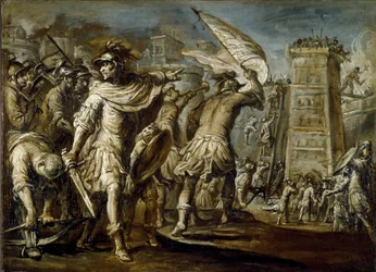 Pierwsza krucjata: „”The Genoa condottiero Guglielmo Embriaco podczas zdobywania Jerozolimy”” To z niej pochodzi wieża szturmowa wykonana z lasów statków Genui. Obraz monochromatyczny Giovanniego Battisty Carlone
