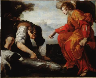 Tobie spotyka Archanioła Rafaela (Tobiasz spotyka Archanioła Rafała) Obraz Giovanniego Battisty Carlone (1592-1677) Geny z XVII wieku, Musei di Strada Nuova (ex Palazzo Bianco)