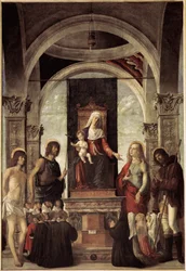 Święta rozmowa, dziewica z dzieckiem w otoczeniu św. Jana Chrzciciela, św. Sebastiana, św. Rocha, św. Marii Magdaleny (olej na płótnie, ok. 1487-1488)