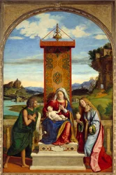 Dziewica ma dziecko pomiędzy św. Janem Chrzcicielem a św. Marią Magdaleną. Obraz Cima Da Conegliano (1459-1517)