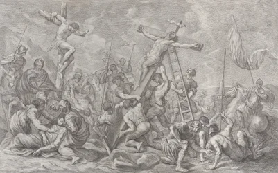 Ukrzyżowanie, z obniżeniem krzyża pośrodku, żołnierzami przez cały czas i krawatem..., 1762.