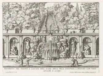 Cascade en Teatro delle Acque in de tuinen van de Villa Torlonia te Frascati Perspektywa teatru i kaskady wodnej Willi Ludovisia (...) (tytuł na obiekcie) Fontanny willi Frascati (tytuł serii) Fonteinen van Frascati (tytuł serii)