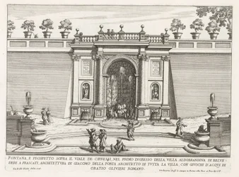 Fontein in de tuinen van de Villa Aldobrandini te Frascati Fontanna i elewacja nad aleją cyprysową (...) (tytuł na obiekcie) Fontanny willi Frascati (tytuł serii) Fonteinen van Frascati (tytuł serii)