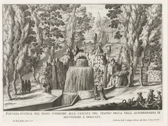 Fontein in de tuinen van de Villa Aldobrandini te Frascati Rustykalna fontanna na piętrze przy wodospadzie teatru (...) (tytuł na obiekcie) Fontanny willi Frascati (tytuł serii) Fonteinen van Frascati (tytuł serii)