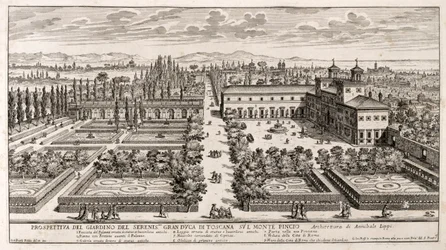 Perspektywa ogrodów Villa Medici w Rzymie, rycina z Li Giardni (Ogrody) autorstwa Giovanniego Battisty Faldy (1640 lub 1643-1678)
