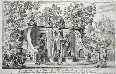 Fontanna teatralna w willi Aldobrandina, Frascati, ok. 1675, z „Le Fontane”, wydanej przed 1687 r. (rycina)