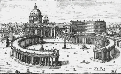 Watykan, Widok na Piazza San Pietro z Bazyliką Świętego Piotra i Pałacami Watykańskimi, rycina Giovanni Battista Falda. 1665