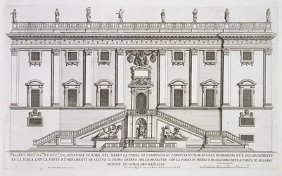 Widok fasady Palazzo Senatorio na Piazza del Campidoglio w Rzymie, rozpoczętej przez Michała Anioła Buonarrotiego (1475-1564) i ukończonej przez Girolama Rainaldiego (1570-1655)
