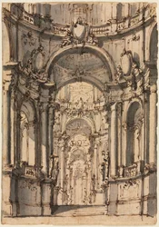 Projekt scenografii: Wnętrze pałacu z arkadami