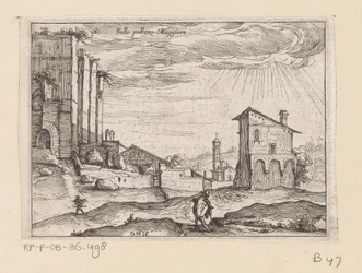 Ruiny Palazzo Maggiore w Rzymie i budynki w pobliżu Sallo pallazo Maggiore (tytuł na obiekcie) Widoki Rzymu (tytuł serii) Alcune vedute et prospettive di luoghi dishabitati di Roma (tytuł serii)
