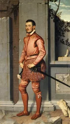 Portret Giana Gerolama Grumellego, rycerza w różu, autorstwa Giovanniego Battisty Moroniego (ok. 1525-1578), 216 x 123 cm
