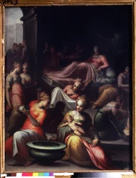 Narodziny św. Jana Chrzciciela (Narodziny Jana Chrzciciela). Obraz Giovanniego Battisty Naldini (1537-1591). Olej na płótnie. Słońce: 89x74cm. Sztuka manieryzmu florenckiego. Muzeum Puszkina w Moskwie.