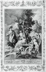 Carlo i Ubaldo w Happy Islands, rycina, Giovanni Battista Piazzetta (1683-1754) dla Canto XV of Jerusalem Delivered, Torquato Tasso (1544-1595), wydanie Giovanni Battista Albrizzi, Wenecja, Włochy