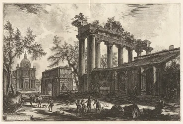 Altra Veduta degli avanzi del Pronao del Tempio del Concordia (Kolejny widok szczątków pronaosów Świątyni Zgody [Świątynia Saturna z Łukiem Septymiusza Sewera w lewym tle]), z Vedute di Roma (Widoki Rzymu)