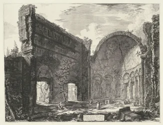 Bibliotheek w de Villa Adriana t i Tivoli Pozostałości pokoju należącego do Castro Pretorio w Villa Adriana w Tivoli (tytuł na obiekcie) Gezichten op Rome (tytuł serii) Widoki Rzymu zaprojektowane i wyryte przez architekta Giambattistę Piranesiego Ve (nez)
