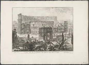 Boog van Constantijn en het Colosseum te Rome Widok na Łuk Konstantyna i Amfiteatr Flawiuszów znany jako Koloseum (tytuł na obiekcie) Gezichten op Rome (tytuł serii) Widoki Rzymu zaprojektowane i wyryte przez architekta Giambattistę Piranesiego Ve (nez) ia