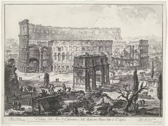 Boog van Constantijn en het Colosseum te Rome Widok na Łuk Konstantyna i Amfiteatr Flawiuszów znany jako Koloseum (tytuł na obiekcie) Gezichten op Rome (tytuł serii) Widoki Rzymu zaprojektowane i wyryte przez architekta Giambattistę Piranesiego Ve (nez) ia