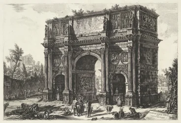 Boguś van Constantijn w Rzymie Widok Łuku Konstantyna (tytuł na obiekcie) Gezichten op Rome (tytuł serii) Widoki Rzymu zaprojektowane i wyryte przez architekta Giambattistę Piranesiego Ve (nez) iano (tytuł serii)