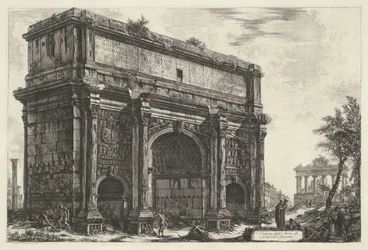 Boguś van Septymiusza Sewera w Rzymie Widok łuku Septymiusza Sewera (tytuł na obiekcie) Gezichten op Rome (tytuł serii) Widoki Rzymu zaprojektowane i wyryte przez architekta Giambattistę Piranesiego Ve (nez) iano (tytuł serii)