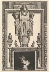 Komin w stylu egipskim: Mumia nałożona na dużą kariatydę nad linte..., 1769.