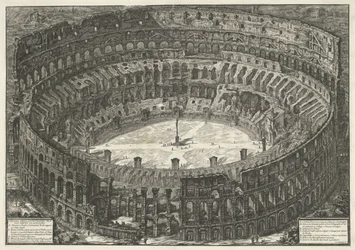 Koloseum w Rzymie Widok na Amfiteatr Flawiuszów znany jako Koloseum (tytuł na obiekcie) Gezichten op Rome (tytuł serii) Widoki Rzymu zaprojektowane i wyryte przez architekta Giambattistę Piranesiego Ve (nez) iano (tytuł serii)