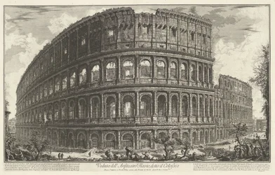 Koloseum w Rzymie Widok Amfiteatru Flawiuszów, zwanego Koloseum (tytuł na obiekcie) Gezichten op Rome (tytuł serii) Widoki Rzymu zaprojektowane i wyryte przez architekta Giambattistę Piranesiego Ve (nez) iano (tytuł serii)