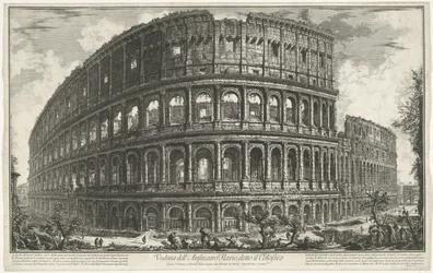 Koloseum w Rzymie Widok na Amfiteatr Flawiuszów, zwany Koloseum (tytuł na obiekcie) Gezichten op Rome (tytuł serii) Widoki Rzymu zaprojektowane i wyryte przez architekta Giambattistę Piranesiego Ve (nez) iano (tytuł serii)