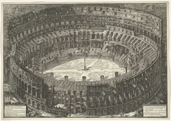 Koloseum w Rzymie Widok na Amfiteatr Flawiuszów znany jako Koloseum (tytuł na obiekcie) Gezichten op Rome (tytuł serii) Widoki Rzymu zaprojektowane i wyryte przez architekta Giambattistę Piranesiego Ve (nez) iano (tytuł serii)