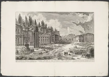 Forum Romanum spotkało się z Tempel van Jupiter Stator te Rome Widok miejsca, w którym znajdowało się starożytne Forum Romanum (tytuł na obiekcie) Gezichten op Rome (tytuł serii) Widoki Rzymu zaprojektowane i wyryte przez architekta Giambattistę Piranesieg