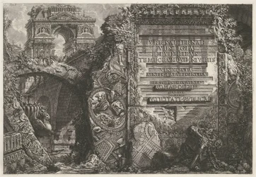 Frontispiece spotkał antyczne ruiny i een triumphboog Frontyspis tomu I „Le Antichità Romane” I. B. Pranesius Venet Rzym, żyjący w swoim wieku dla potomności i korzyści